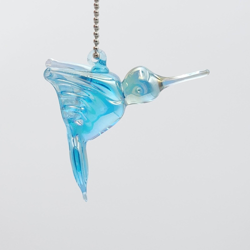 Vintage Blue Iridescent Hand Blown Glass Hummingbird Ornament 3.5in